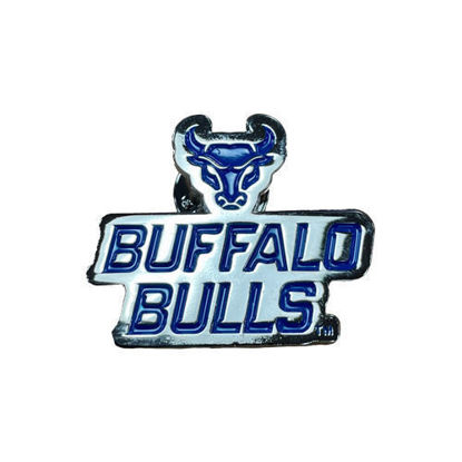 Product image of bright nickel pin with the words “Buffalo Bulls” in blue