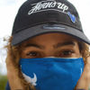 close up of a Girl wearing Black New Era 9/20 Horns Up hat and blue facemask