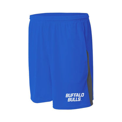 Product image of blue 8” inseam shorts with a vertical grey streak along the sides of the shorts and the words “Buffalo Bulls” in white on the bottom left for the front facing side.