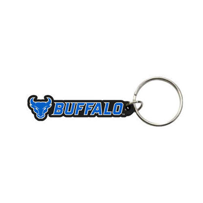 Product image of a nickel ring keychain looped with a black rubber strap that has the words “Buffalo Bulls” engraved in blue.