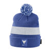 Blue Nike winter hat with grey stripe and blue and white pom on top. Spirit mark and Nike swoosh on front patch.