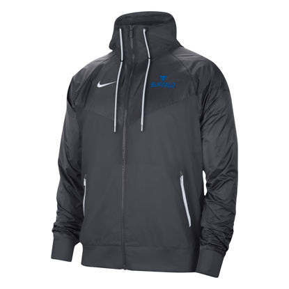 Product image of the anthracite Nike Windrunner Jacket with the Spirit Mark and "BUFFALO BULLS" stacked lock-up embroidered in blue