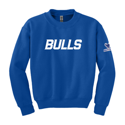 Product image of blue Youth Heavy Blend Crew Sweatshirt with BULLS wordmark on the front in white and Spirit Mark with BUFFALO stacked lock-up in blue with white outline