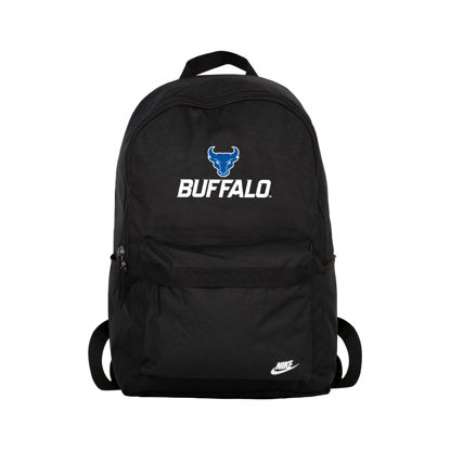 black Nike Heritage Backpack with Spirit Mark + Buffalo stacked lock-up in royal blue and white.