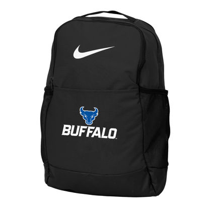 Nike Brasilia Black Backpack front with Spirit Mark + Buffalo stacked lock-up in royal blue and white