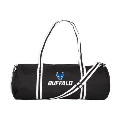 black Nike Heritage Duffel Bag with Spirit Mark + Buffalo stacked lock-up in royal blue and white