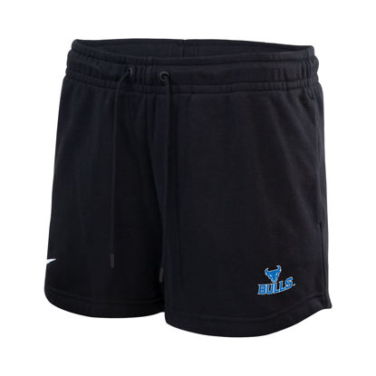 black Nike Women's Essentials Short with spirit mark + Buffalo stacked lock-up in royal blue and white on lower left leg