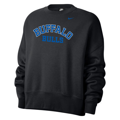 black Nike Women's Campus Crew with "BUFFALO" + "BULLS" stacked text in royal blue and white