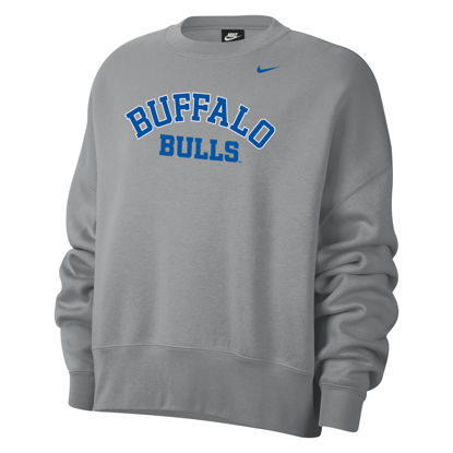 grey Nike Women's Campus Crew with "BUFFALO" + "BULLS" stacked text in royal blue and white