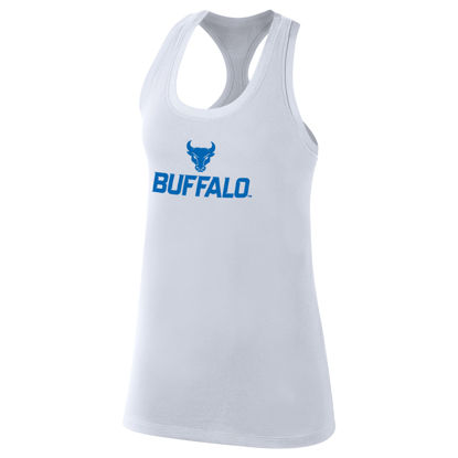 white Nike Women's Racerback Tank front with spirit mark + Buffalo stacked lock-up in royal blue