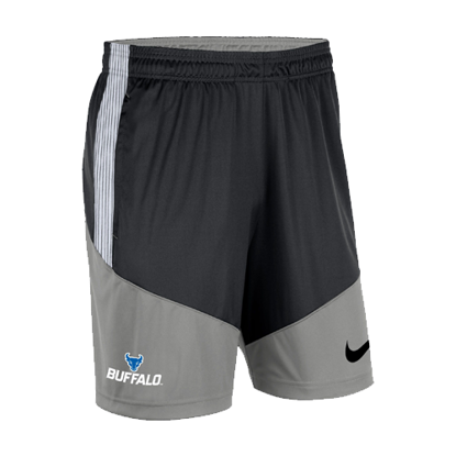 Grey and Black with a white stripe on the side, Nike Player Sideline Shorts. Left leg has black Nike Swoosh, Right leg has Spirit Mark + Buffalo stacked lock-up in royal blue and white