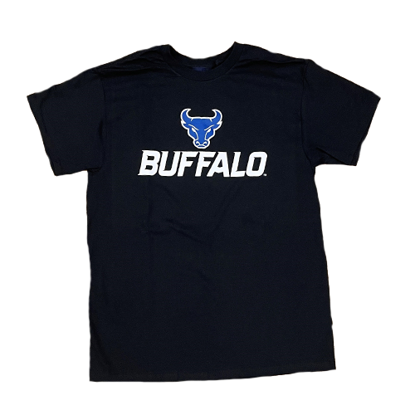 black short sleeve t-shirt with BULL in blue with white outline + BUFFALO in white stacked lock-up