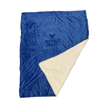 blue sherpa lined blanket with BULL+BUFFALO+BULLS stacked lock-up in darker blue tone embossed