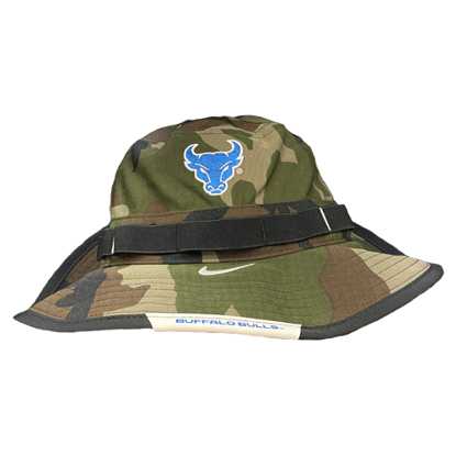 green camo boonie style Nike hat with black brim and detailing with Bull in UB Blue with a white outline on the crown and BUFFALO BULLS in UB Blue on the brim