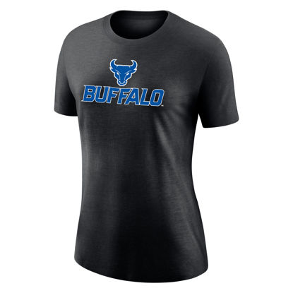 black Nike short sleeve crew t-shirt with Spirit Mark+BUFFALO stacked lock-up in UB Blue with white outline on full chest