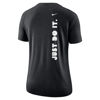 back of black Nike short sleeve crew t-shirt with "JUST DO IT." printed vertically in white with Nike swoosh also in white