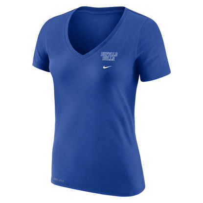 royal blue short sleeve Nike V-neck t-shirt with "BUFFALO+BULLS" stacked above Nike swoosh all on left chest in white
