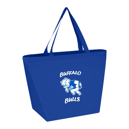 Royal blue tote bag with two handles and BUFFALO BULLS Throwback logo in UB Blue and white