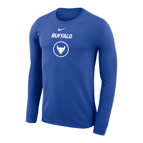 blue, long-sleeve Nike Legend tee with Nike swoosh, BUFFALO wordmark and spirit mark inside a circle in white