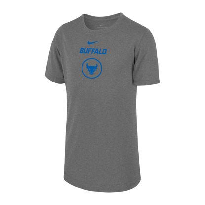 grey short sleeve Nike legend t-shirt with Nike swoosh, BUFFALO wordmark and spirit mark in a circle in blue
