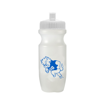 White water bottle with white lid and mouth piece with UB heritage bull logo on the side in UB Blue and white