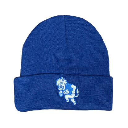 royal blue skull cap style knit beanie with UB heritage bull logo on the cuff in UB blue and white
