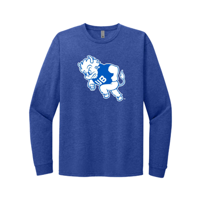 royal blue heather long sleeve shirt with the UB heritage bull logo on the full front chest in UB blue and white