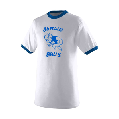 white short sleeve tee with royal blue trim on the neck and sleeve openings. The front of the shirt has the UB heritage logo with the word BUFFALO above the throwback bull above the word BULLS in UB blue and white.
