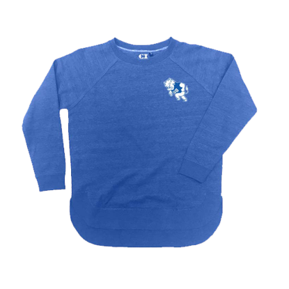 royal blue crewneck sweatshirt with the UB heritage bull logo on the left chest in UB blue and white