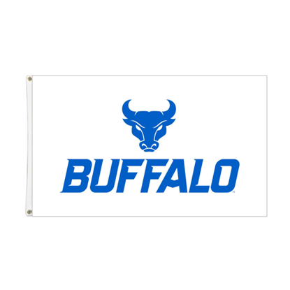 White Buffalo House Flag with BULL+BUFFALO stacked lock-up in UB Blue