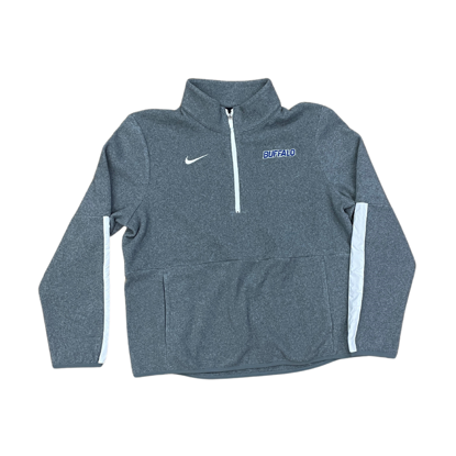 product image of grey Nike fleece half zip with white detailing on the zipper and sleeves with BUFFALO wordmark embroidered on left chest in UB Blue with white outline and nike swoosh in white on right chest