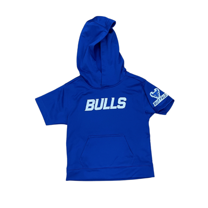 product image of blue youth short sleeve hooded sweatshirt with BULLS wordmark in white on chest and a patch of the Spirit Mark+BUFFALO stacked lock-up in UB Blue with white outline on the left sleeve