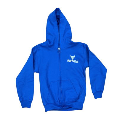 product image of blue youth full zip hooded sweatshirt with Spirit Mark+BUFFALO stacked lock-up in white on left chest