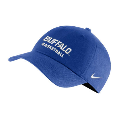 product image of blue Nike campus hat with BUFFALO+BASKETBALL stacked lock-up in white on the front and a white Nike swoosh on the side