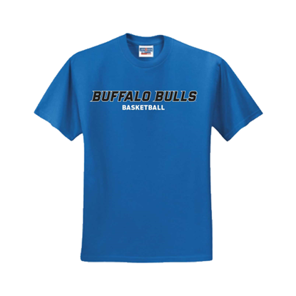 product image of blue short sleeve t-shirt with BUFFALO+BULLS+BASKETBALL stacked lock-up in black with white outline