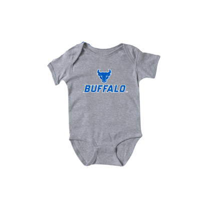 product image of grey onesie with Spirit Mark+BUFFALO stacked lock-up in UB Blue with a white outline