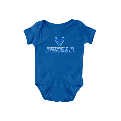 product image of royal blue onesie with Spirit Mark+BUFFALO stacked lock-up in UB Blue with a white outline