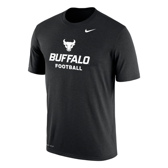 product image: black short sleeve t-shirt with a white Nike logo on front upper left chest and Spirit Mark+Buffalo+Football stacked lock-up in white