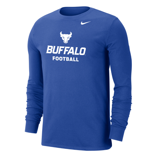 product image: blue long sleeve t-shirt with a white Nike logo on front upper left chest and Spirit Mark+Buffalo+Football stacked lock-up in white