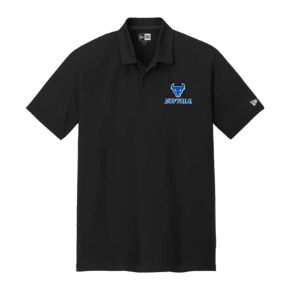 product image of black new era short sleeve polo with Spirit Mark+BUFFALO stacked lock-up in UB blue and white on the left chest