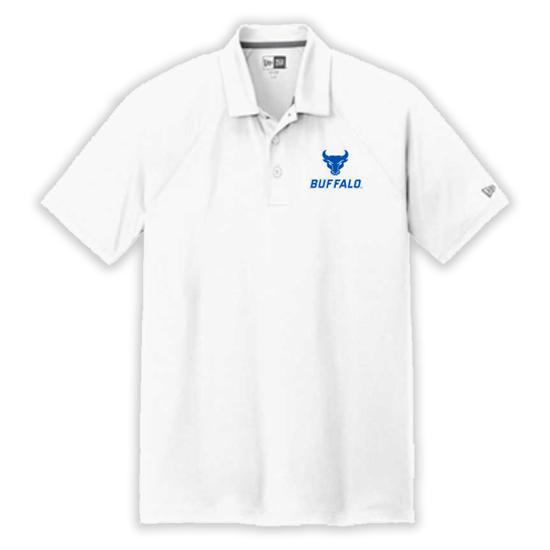 product image of white new era short sleeve polo with Spirit Mark+BUFFALO stacked lock-up in UB blue and white on the left chest