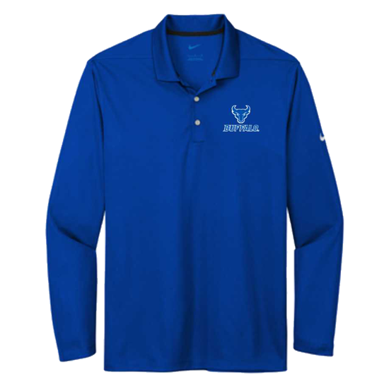 product image of Nike long sleeve royal blue polo shirt with three button opening at the collar and Spirit Mark+BUFFALO stacked lock-up in UB Blue and white