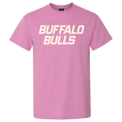 product image of short sleeve pink tee with BUFFALO+BULLS stacked lock-up in white on the front chest