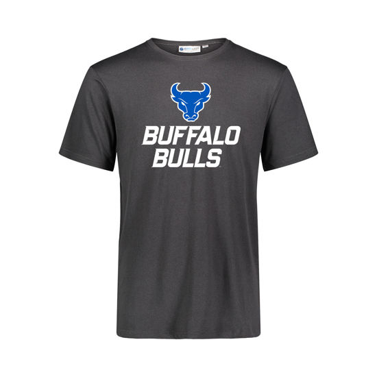 product image of black short sleeve tee with Spirit Mark+BUFFALO+BULLS stacked lock-up in UB Blue and White on the Full Chest