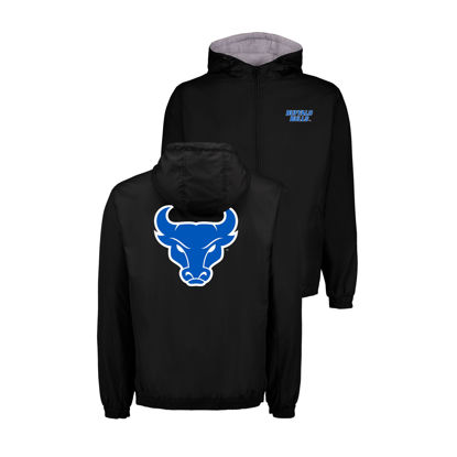product image of back and front of black jacket with back showing large spirit mark in UB Blue and White and the front with BUFFALO+BULLS stacked lock-up in UB Blue and White on left chest.