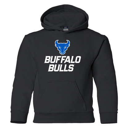 product image of black hooded sweatshirt with spirit mark+BUFFALO+BULLS stacked lock-up in UB Blue and white on front chest