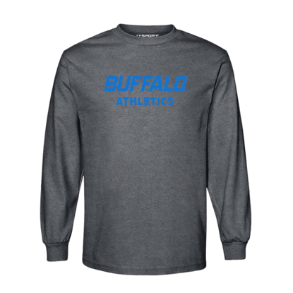 product image of grey long sleeve tee with BUFFALO+ATHLETICS stacked lock-up in UB Blue on front chest