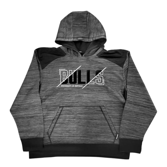 product image of grey and black hooded sweatshirt with "University at Buffalo" "BULLS" embroidered graphic on front chest