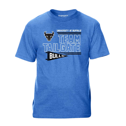 product image of blue short sleeve tee with "TEAM TAILGATE" in white outline surrounded by spirit mark in black and white and "University at Buffalo" in white, as well as "BULLS" in white on a black flag graphic