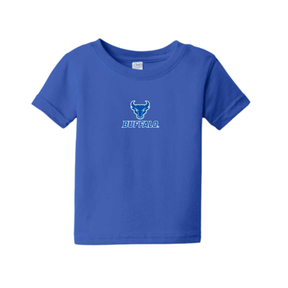 product image of blue short sleeve tee with "SPIRIT MARK+BUFFALO" stacked lock-up in UB blue with a white outline